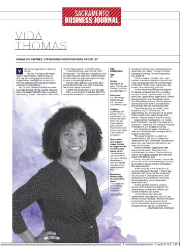 Thumbnail of profile article featuring Vida Thomas in the Sacramento Business Journal Women Who Mean Business issue